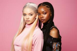 ai généré à la mode deux Jeune multiracial femmes posant ensemble isolé sur rose Contexte photo