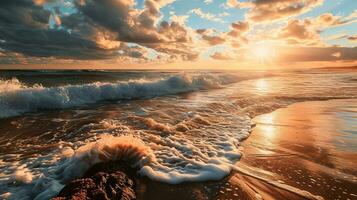 ai généré magnifique le coucher du soleil sur le plage. mer vagues et éclaboussures. photo