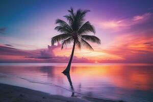 ai généré magnifique la nature tropical plage et mer avec noix de coco paume arbre à le coucher du soleil temps pour Voyage et vacances photo