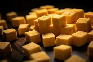 ai généré fermer de une assiette de Jaune fromage cubes. photo