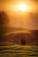 ai généré lever du soleil plus de une mégalithique tombeau photo