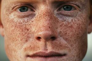 ai généré fermer de taches de rousseur homme à la recherche à caméra photo