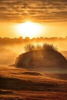 ai généré lever du soleil plus de une mégalithique tombeau photo