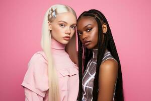 ai généré à la mode deux Jeune multiracial femmes posant ensemble isolé sur rose Contexte photo