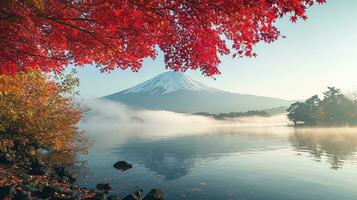 ai généré Fuji Montagne et Lac kawaguchiko dans l'automne saison, Japon photo