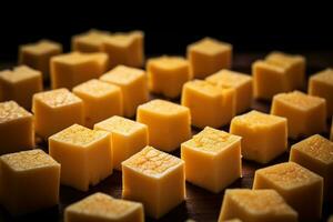 ai généré fermer de une assiette de Jaune fromage cubes. photo