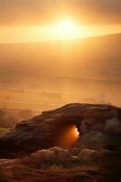 ai généré lever du soleil plus de une mégalithique tombeau photo