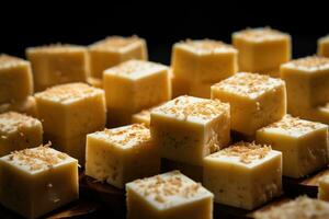 ai généré fermer de une assiette de Jaune fromage cubes. photo