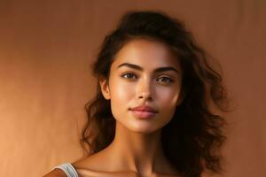 ai généré portrait de magnifique Jeune femme avec nettoyer Frais peau. spa, soins de santé. photo