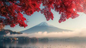 ai généré Fuji Montagne et Lac kawaguchiko dans l'automne saison, Japon photo