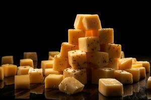 ai généré fermer de une assiette de Jaune fromage cubes. photo