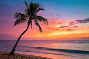 ai généré magnifique la nature tropical plage et mer avec noix de coco paume arbre à le coucher du soleil temps pour Voyage et vacances photo