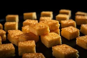 ai généré fermer de une assiette de Jaune fromage cubes. photo