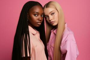 ai généré à la mode deux Jeune multiracial femmes posant ensemble isolé sur rose Contexte photo