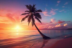 ai généré magnifique la nature tropical plage et mer avec noix de coco paume arbre à le coucher du soleil temps pour Voyage et vacances photo
