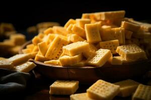 ai généré fermer de une assiette de Jaune fromage cubes. photo