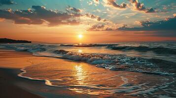 ai généré magnifique le coucher du soleil sur le plage. mer vagues et éclaboussures. photo