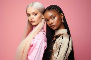 ai généré à la mode deux Jeune multiracial femmes posant ensemble isolé sur rose Contexte photo