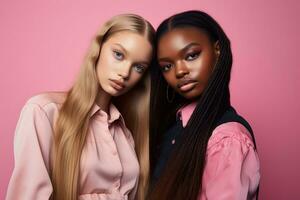 ai généré à la mode deux Jeune multiracial femmes posant ensemble isolé sur rose Contexte photo