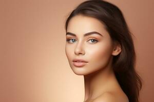 ai généré portrait de magnifique Jeune femme avec nettoyer Frais peau. spa, soins de santé. photo