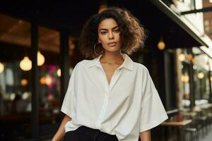 ai généré portrait de une magnifique Jeune femme portant blanc chemise photo