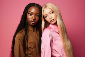 ai généré à la mode deux Jeune multiracial femmes posant ensemble isolé sur rose Contexte photo