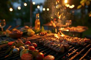 ai généré barbecue à le faire la fête, Extérieur sur le gril, nuit éclairage, dîner à Accueil photo