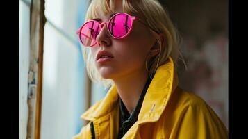 ai généré brillant rose des lunettes de soleil sur blond femme habillé dans Jaune veste pour portrait photo