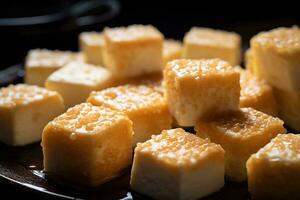 ai généré fermer de une assiette de Jaune fromage cubes. photo