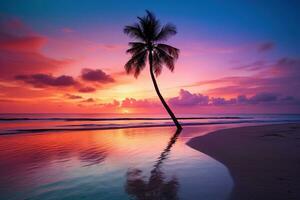 ai généré magnifique la nature tropical plage et mer avec noix de coco paume arbre à le coucher du soleil temps pour Voyage et vacances photo