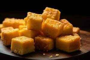 ai généré fermer de une assiette de Jaune fromage cubes. photo