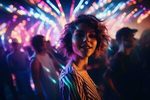 ai généré portrait de une magnifique fille avec court cheveux dansant dans une boîte de nuit photo