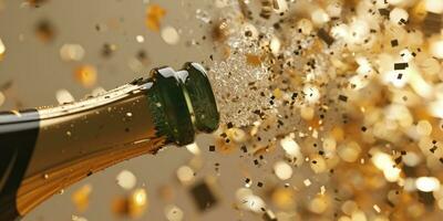 ai généré Champagne bouteille éclatement avec d'or confettis sur une beige Contexte photo