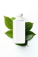 ai généré Vide cosmétique bouteille avec vert feuilles sur blanc Contexte photo
