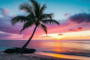 ai généré magnifique la nature tropical plage et mer avec noix de coco paume arbre à le coucher du soleil temps pour Voyage et vacances photo