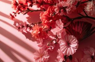 ai généré chinois Nouveau année, décoration de papier fleur ventilateur avec traditionnel flore dans rose Contexte photo