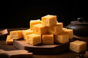 ai généré fermer de une assiette de Jaune fromage cubes. photo