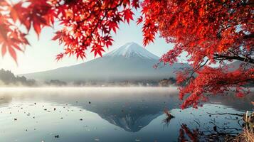 ai généré Fuji Montagne et Lac kawaguchiko dans l'automne saison, Japon photo