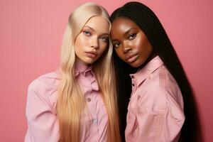 ai généré à la mode deux Jeune multiracial femmes posant ensemble isolé sur rose Contexte photo