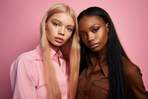 ai généré à la mode deux Jeune multiracial femmes posant ensemble isolé sur rose Contexte photo