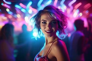 ai généré portrait de une magnifique fille avec court cheveux dansant dans une boîte de nuit photo