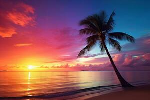 ai généré magnifique la nature tropical plage et mer avec noix de coco paume arbre à le coucher du soleil temps pour Voyage et vacances photo