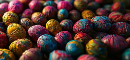 ai généré coloré peint Pâques des œufs sont montré dans groupements photo