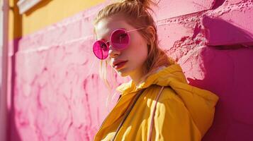 ai généré brillant rose des lunettes de soleil sur blond femme habillé dans Jaune veste pour portrait photo