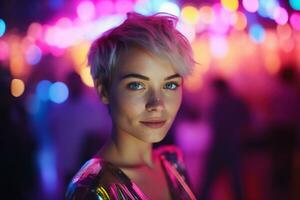 ai généré portrait de une magnifique fille avec court cheveux dansant dans une boîte de nuit photo