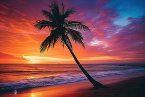 ai généré magnifique la nature tropical plage et mer avec noix de coco paume arbre à le coucher du soleil temps pour Voyage et vacances photo