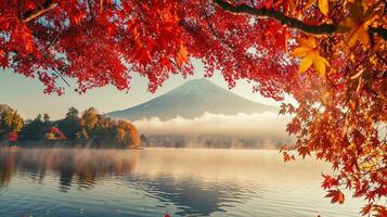 ai généré Fuji Montagne et Lac kawaguchiko dans l'automne saison, Japon photo