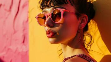 ai généré image de une femme avec rose des lunettes de soleil sur rose photo