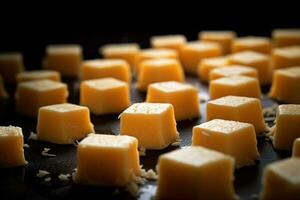 ai généré fermer de une assiette de Jaune fromage cubes. photo