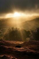 ai généré lever du soleil plus de une mégalithique tombeau photo